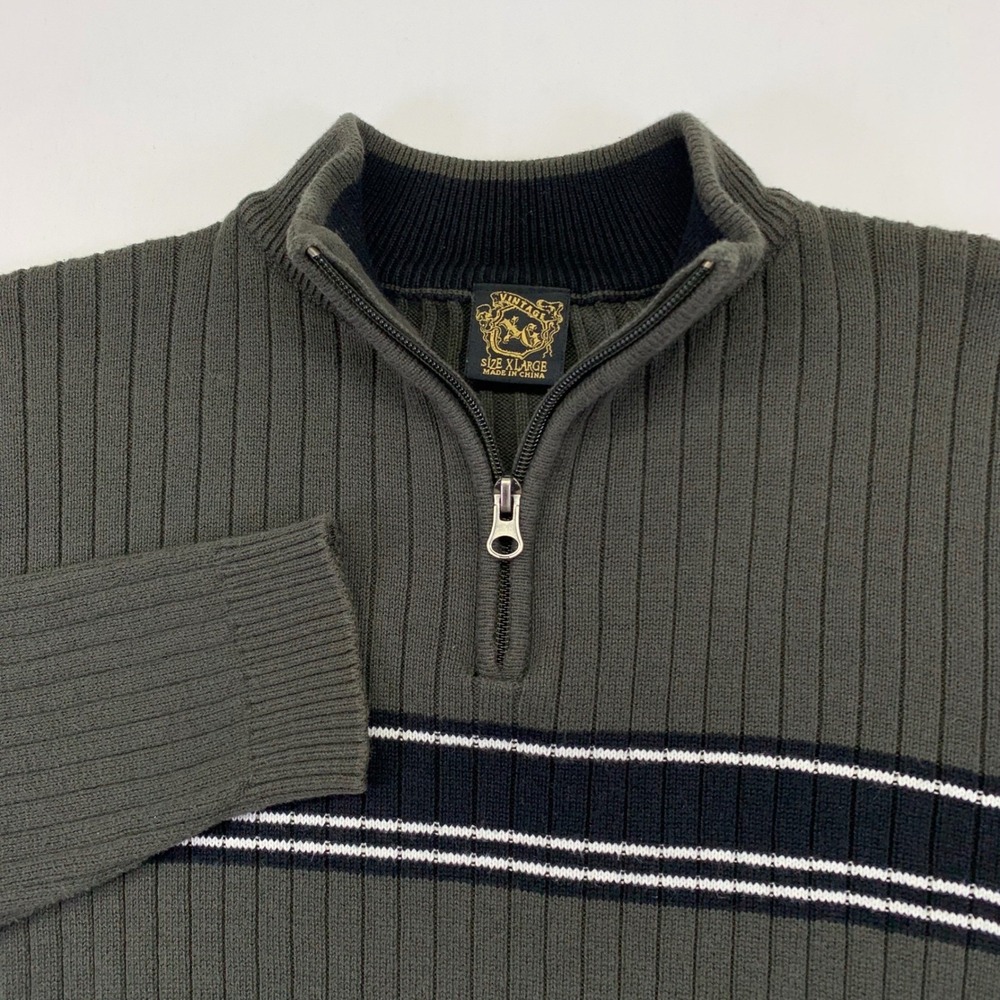 Vintage XG Extreme Gear 1/4 Zip Sweater XL (18-20) Olive Striped‎ Ribbed Knit